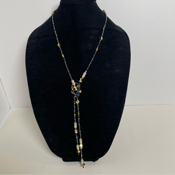 Gorgeous Lariat Necklace with sparkling black, gold tone and rhinestones accents - Picture 4 of 8
